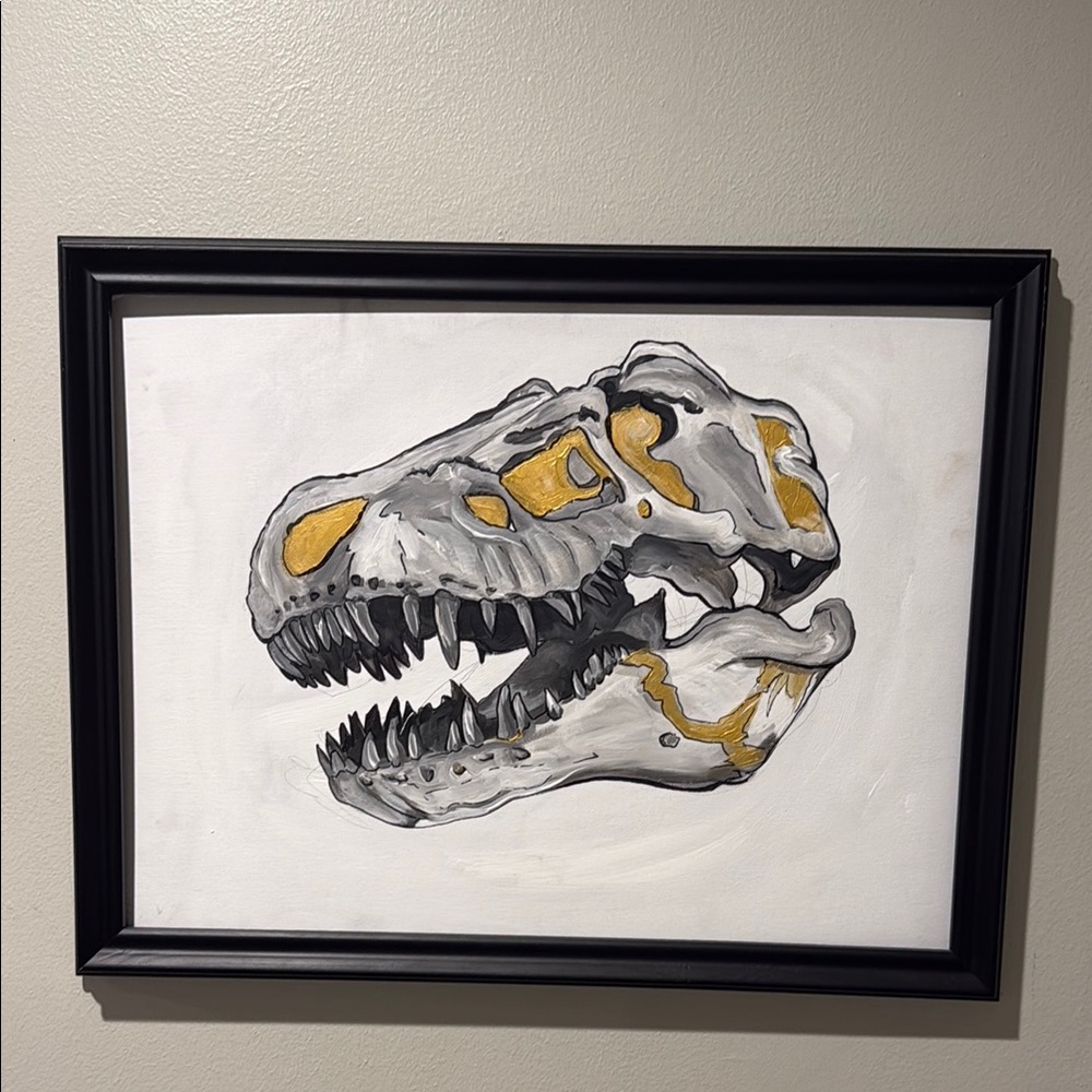 Dinosaur Skull Art Painting in Black and Gold Frame